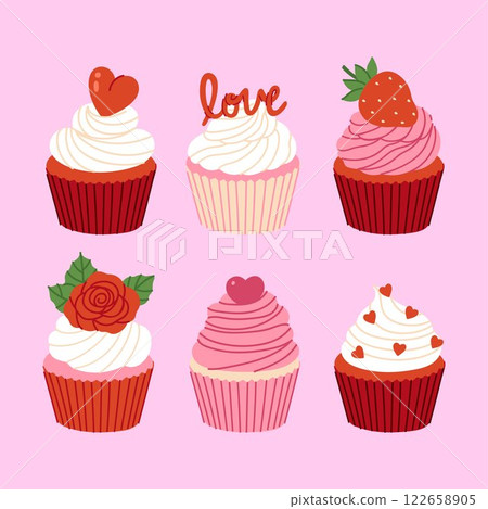 Set of festively decorated Valentine's Day cupcakes. Vector graphics. Set of festively decorated Valentine's Day cupcakes. Vector graphics. 122658905