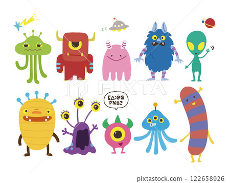 一組可愛的手繪外星人插圖 122658926