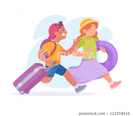 Tourism with Boy and Girl Character with Suitcase Vector Illustration 122659016