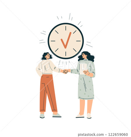 Time Management with Woman Character Handshake Organizing Efficient Business Process Vector Illustration 122659060