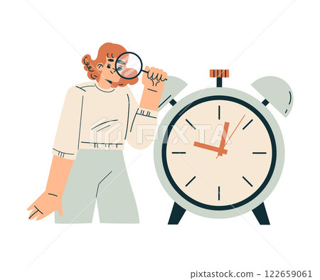 Time Management with Woman Character Look Clock with Magnifier Organizing Efficient Business Process Vector Illustration 122659061