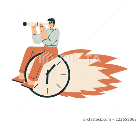 Time Management with Man Character on Clock Dial with Flame Look in Telescope Organizing Efficient Business Process Vector Illustration 122659062