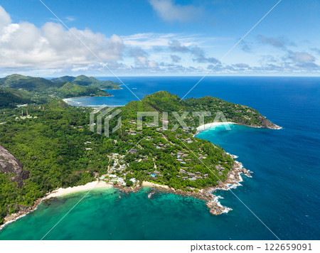 Coast with beautiful beaches on a tropical island. Seychelles, Mahe. 122659091