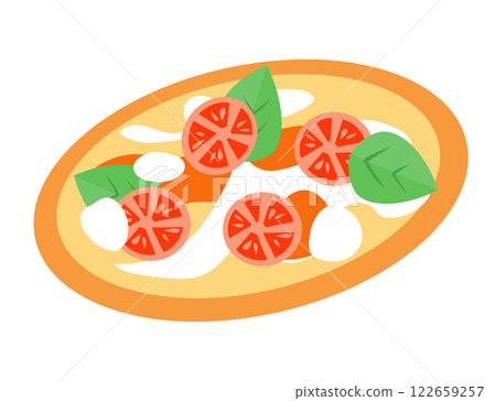 Margherita pizza with tomatoes, cheese and basil leaves. Food of Italy. National traditional cuisine. Isolated vector illustration on white background. Margherita pizza with tomatoes, cheese and basil leaves. Food of Italy. National traditional cuisine. Isolated vector illustration on white background. 122659257