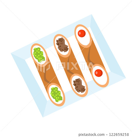 Cannoli traditional dessert of Italy. Food and sweets. Tubes of dough with filling. National cuisine. Isolated vector illustration on white background.  122659258