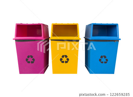 three colorful recycle bin isolated on white background (with clipping path) three colorful recycle bin isolated on white background (with clipping path) 122659285
