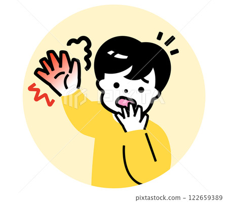 Boy touching dangerous hot object: Caution for burns on children's hands Illustration material_Caution for burns Boy touching dangerous hot object: Caution for burns on children's hands Illustration material_Caution for burns 122659389