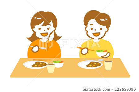 Smiling Japanese children at a children's cafeteria: Illustration of a family eating curry at a table at home 122659390
