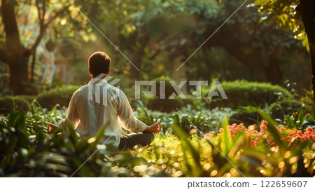 A lawyer meditates in a serene garden to prepare for a significant case, clearing the mind and sharpening focus. A lawyer meditates in a serene garden to prepare for a significant case, clearing the mind and sharpening focus. 122659607