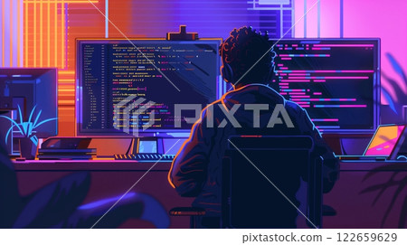 A programmer reviews code, gives detailed feedback, and collaborates in a creative, teamwork-focused space. A programmer reviews code, gives detailed feedback, and collaborates in a creative, teamwork-focused space. 122659629