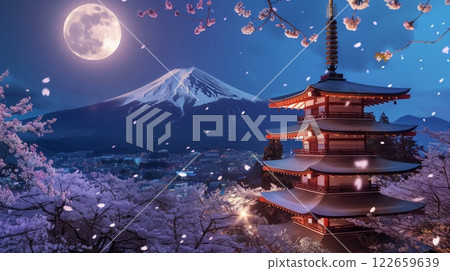 Japanese pagodas rise above cherry blossoms, illuminated by a full moon, creating a serene scene. 122659639