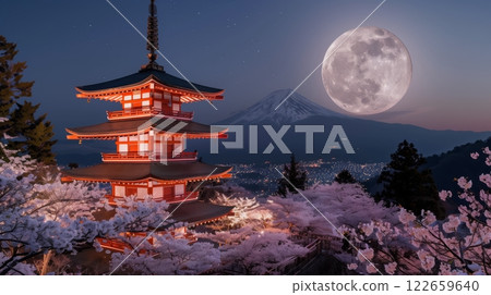 Pagodas rise above cherry blossoms, illuminated by a full moon, showcasing Japan's rich cultural heritage. 122659640