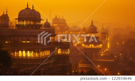 Ornate Indian palaces glow under a saffron sunset, capturing India's rich heritage and architectural splendor. 122659646