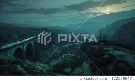 Broken bridges over ghostly valleys, lit by dawn's silvery light, evoke mystery and awe. 122659647