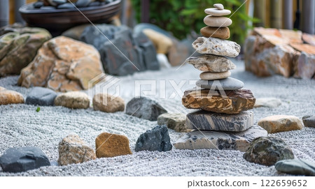 A Zen rock garden where stones symbolize diverse affiliate marketing strategies, blending serenity with profit. 122659652