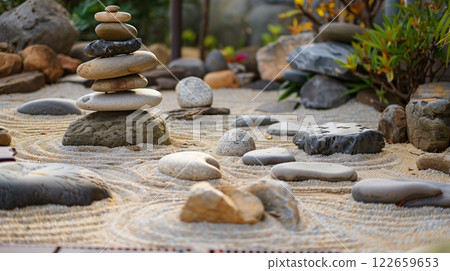 A Zen rock garden with stones symbolizing affiliate marketing strategies, illustrating harmony for success. 122659653