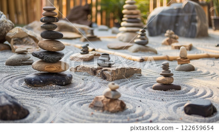A Zen rock garden where stones symbolize various affiliate marketing strategies, illustrating effective synergy. 122659654
