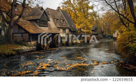 A tranquil riverside village with picturesque waterwheels symbolizes passive income from affiliate marketing, reflecting financial stability's peace. 122659655