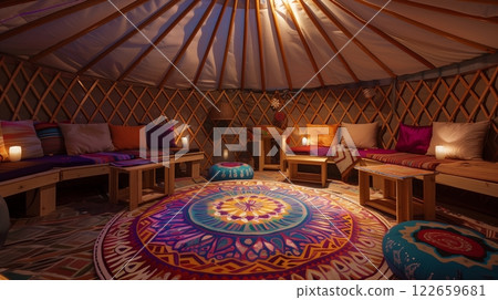 A serene Su-Jok therapy setup in a traditional yurt with colorful mandalas, natural wood, and a soft glow. 122659681