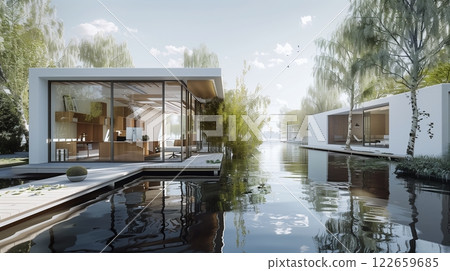 A serene office on a modern houseboat, surrounded by tranquil waters, blends productivity and relaxation. 122659685