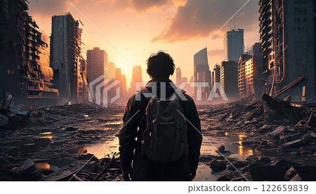 A person looking at a destroyed city (AI-generated image) 122659839