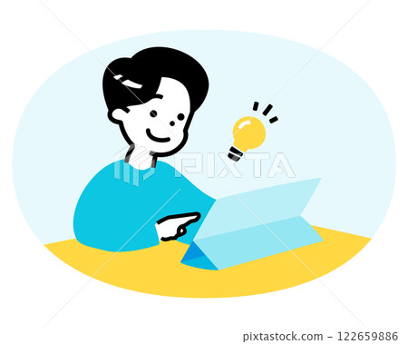 Illustration of a boy studying and learning using a tablet_Children's cram school, ICT education Illustration of a boy studying and learning using a tablet_Children's cram school, ICT education 122659886