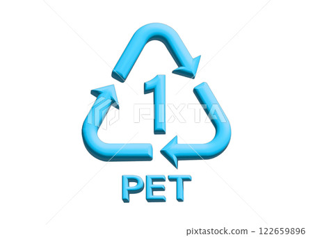 3D illustration of a plastic bottle recycling symbol (blue, light blue, PET1) 122659896