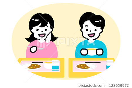 Lunch time in a classroom with smiling Japanese elementary school students: Children eating illustration material 122659972
