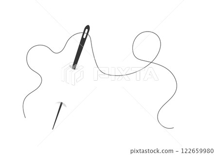 Needle with thread doodle simple icon, line embroidery decoration. Curvy thread sewing, tailor tool silhouette. Needle with thread doodle simple icon, line embroidery decoration. Curvy thread sewing, tailor tool silhouette. 122659980