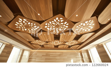 A modern home's stunning ceiling design with plywood panels creates a unique and elegant ambiance. 122660024