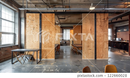 Thick plywood dividers partition an industrial space, blending openness and privacy for collaborative work. 122660028