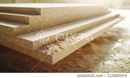 MDF board transitions from raw material to a polished product, showcasing each stage from cut to finish. MDF board transitions from raw material to a polished product, showcasing each stage from cut to finish. 122660054