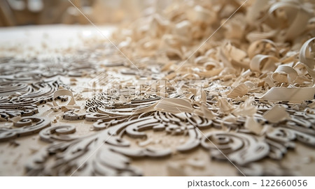 Close-up of intricate laser etching on MDF board with fine wood shavings, showcasing detailed craftsmanship. 122660056