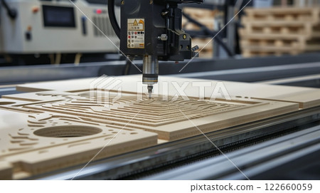 An MDF board is CNC cut with intricate detailing and smooth edges as the machinery operates seamlessly. 122660059