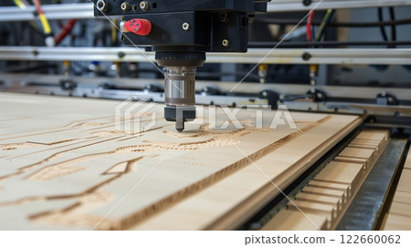 An MDF board is CNC-cut with intricate detailing and smooth edges, highlighting precision and craftsmanship. 122660062