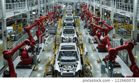 An automotive plant with robotic arms assembles vehicles precisely, ensuring high-quality and efficient production. An automotive plant with robotic arms assembles vehicles precisely, ensuring high-quality and efficient production. 122660078