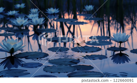 A tranquil pond at dusk, with a dragonfly hovering over water lilies, bathed in the warm glow of the setting sun. A tranquil pond at dusk, with a dragonfly hovering over water lilies, bathed in the warm glow of the setting sun. 122660091