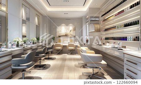 A chic nail salon with a vast nail polish selection, modern design, and clean workstations ensures comfort. 122660094