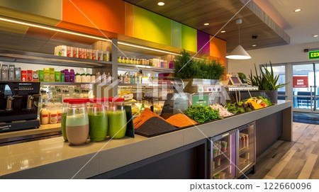 A trendy smoothie bar with fresh ingredients, vibrant decor, and a clean, inviting atmosphere for health fans. A trendy smoothie bar with fresh ingredients, vibrant decor, and a clean, inviting atmosphere for health fans. 122660096