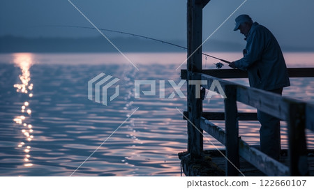 An elderly man fishes at dawn, as the golden light casts a serene scene on the water. 122660107