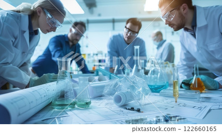Engineers and scientists collaborate on a chemical waste recycling project, reviewing blueprints and models. 122660165