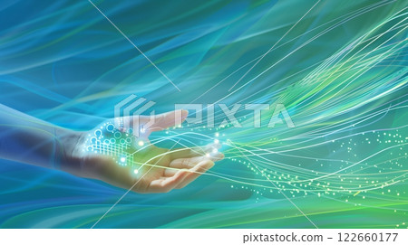 Stylized Su-Jok therapy points on a hand with energy lines, set against a vibrant blue-green background. Stylized Su-Jok therapy points on a hand with energy lines, set against a vibrant blue-green background. 122660177