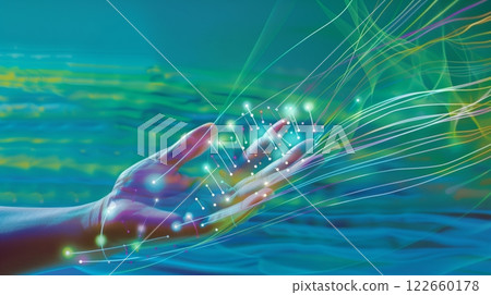 Stylized Su-Jok therapy points on a hand with energy lines, set against a vibrant blue-green background. Stylized Su-Jok therapy points on a hand with energy lines, set against a vibrant blue-green background. 122660178