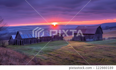 Old rustic barns cluster in the rolling countryside, bathed in the hues of a violet sunset. Serenity abounds. 122660189