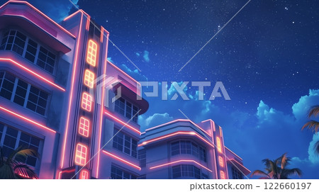 Art Deco buildings with neon trims stand tall against a starry sky, blending history and modernity. Art Deco buildings with neon trims stand tall against a starry sky, blending history and modernity. 122660197