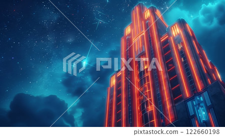 Art Deco buildings with neon trims stand against a star-studded midnight blue sky, capturing timeless elegance. Art Deco buildings with neon trims stand against a star-studded midnight blue sky, capturing timeless elegance. 122660198