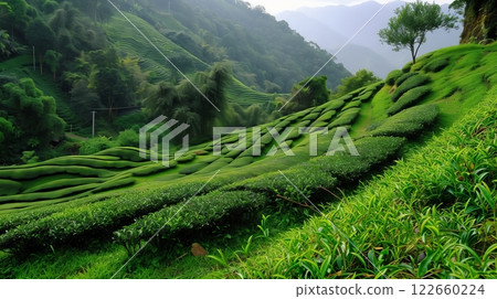 A lush tea plantation blankets the mountainside, with neatly arranged bushes following the slope's contours. 122660224