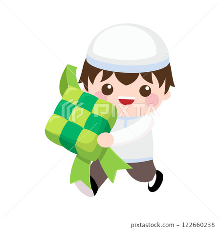 Cute boy with big ketupat Indonesian traditional food 122660238