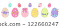 Collection of colorful Easter eggs with decorative bows and patterns in pastel tones. Cute hand drawn isolated decoration elements in vintage coquette style for spring banner, poster, greeting cards. 122660247