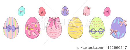 Collection of colorful Easter eggs with decorative bows and patterns in pastel tones. Cute hand drawn isolated decoration elements in vintage coquette style for spring banner, poster, greeting cards. 122660247